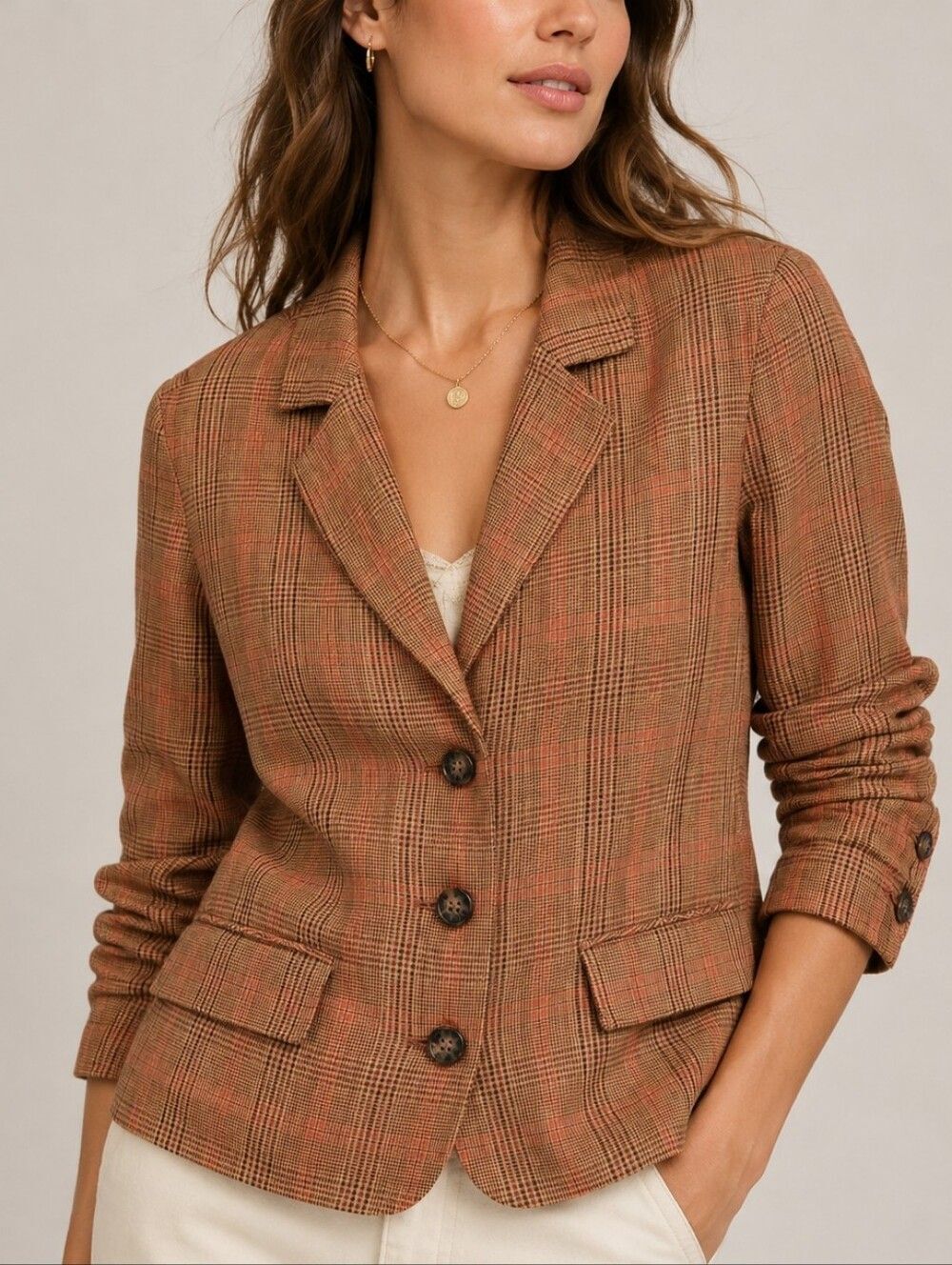Sundance XS Linen Jacket Plaid Blazer Orange Brown Floral Lined Cotton Button Up